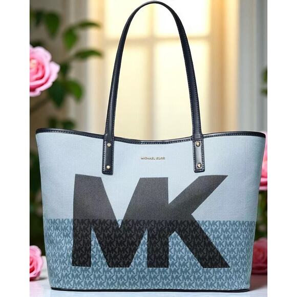 Michael Kors Carter Denim MK Open Tote Designer Logo print Large blue bag - Picture 1 of 12